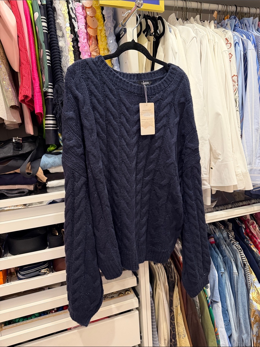 Cable Knit Crewneck Sweater - Navy